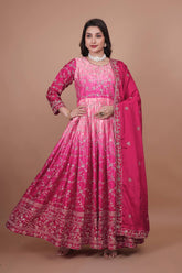 Ravishing Double Shaded Pink Chinon Silk Embroidery Work Gown